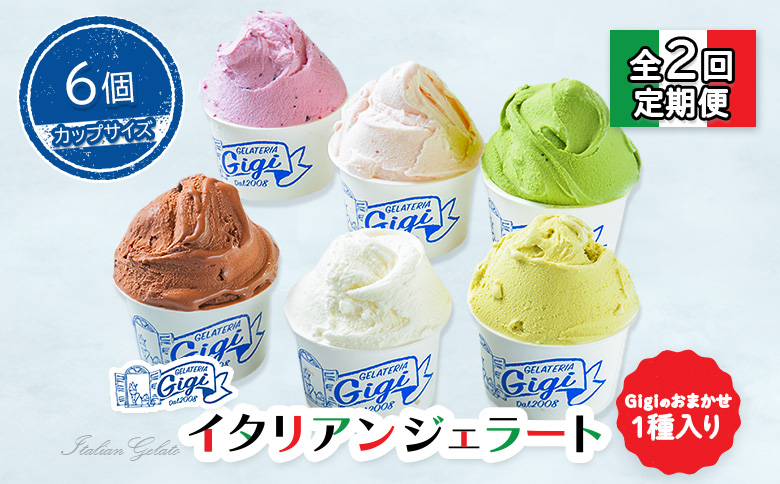 【定期便：全2回】ジェラテリアGigiのイタリアンジェラート６種(Gigiのおまかせ1種入り）【カップサイズ6個】 (牛乳、ピスタチオ、抹茶、チョコレート、ブルーベリーヨーグルト、Gelateria Gigiが選ぶおまかせジェラート)【43006702】