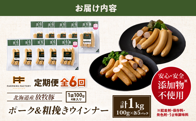 【定期便：6回】北海道産放牧豚 無添加ポークウインナー・粗挽きウインナー ×各5パック【12006001】