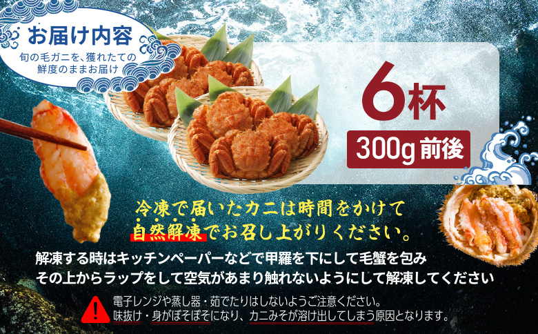 【北海道産】『冷凍』毛がに300g前後×6杯【急速冷凍】【52007BA0101】