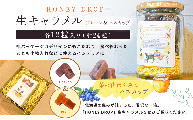 【HONEY DROP】菜の花はちみつ生キャラメル(プレーン・ハスカップ)2ダース（24粒入り）【75000301】