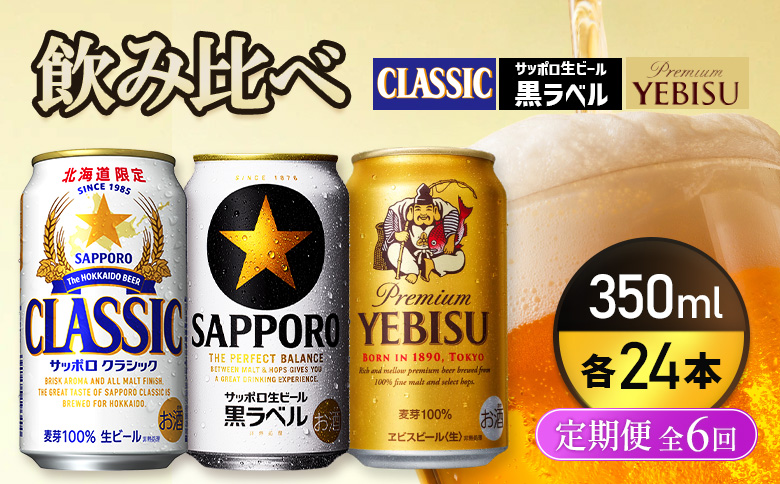 『飲み比べ定期便6回』サッポロクラシック・サッポロ黒ラベル・ヱビスビール 各350ml×24本【9300100018061121】