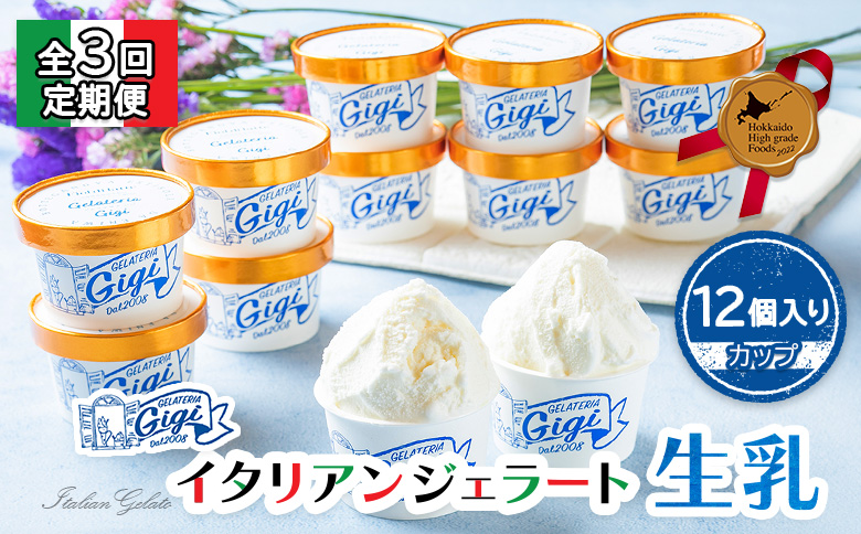 【定期便：全3回】『ジェラテリアGigiのイタリアンジェラート『生乳』【カップ12個入】【43003802】