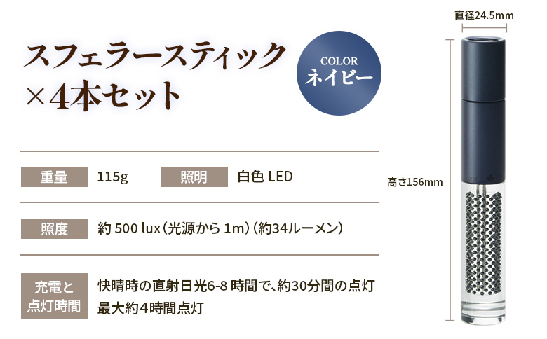 【世界初の全方位受光ソーラー】スフェラースティック（カラー：ネイビー）×4本セット【08002301】