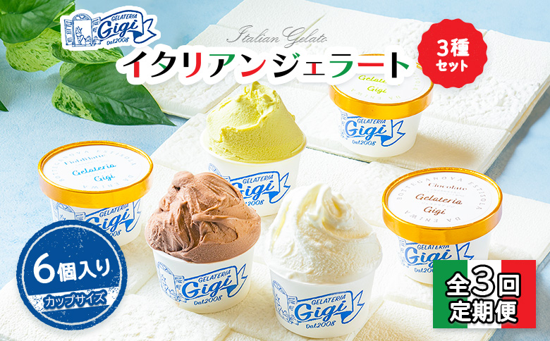 【定期便：全3回】『ジェラテリアGigiのイタリアンジェラート３種セット【カップサイズ6個】牛乳2、ピスタチオ2、チョコレート2【43007201】