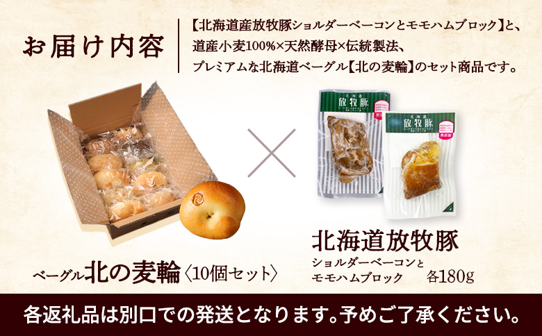 「北海道放牧豚ショルダーベーコンとモモハムブロック」とトモヱベーグル「北の麦輪」10個セット【C9903101】