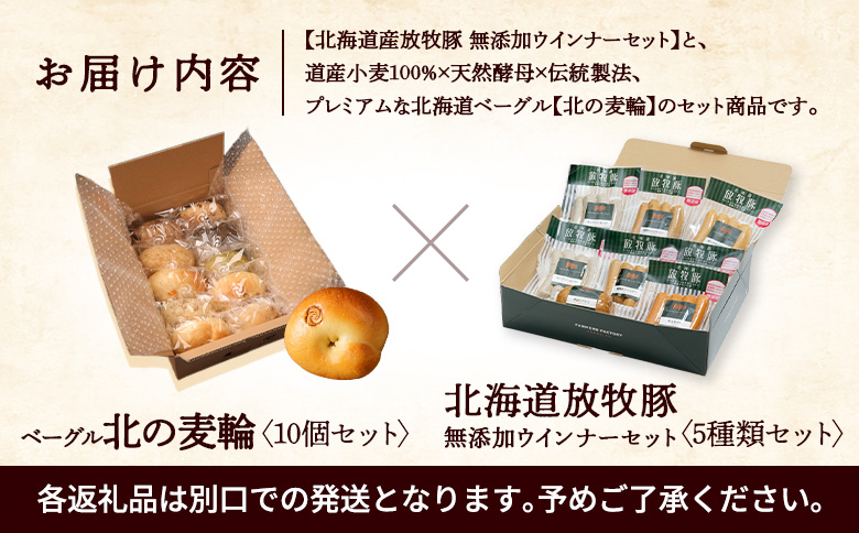 「北海道産放牧豚 無添加ウインナーセット」とトモヱベーグル「北の麦輪」10個セット【C9902901】