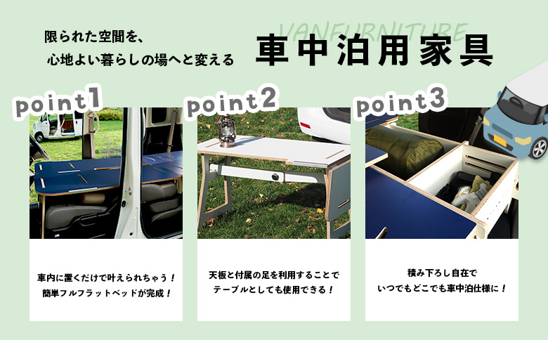 車中泊用家具（バンファニチャー）N-BOX専用　スタンダード　ダブル　フルセット（グリーン）【46002001】