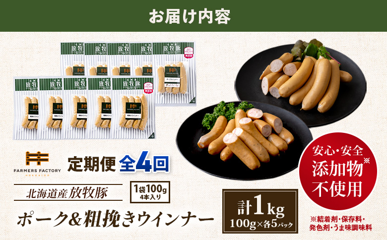 【定期便：4回】北海道産放牧豚 無添加ポークウインナー・粗挽きウインナー ×各5パック【12005801】
