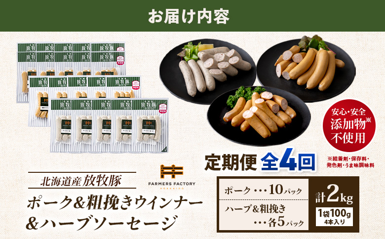 【定期便：４回】北海道産放牧豚 無添加ポークウインナー ×10パック＆粗挽きウインナー・ハーブソーセージ ×各5パック【12009801】