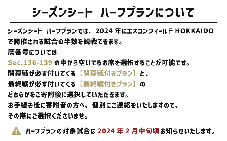 【ハーフプラン】エスコンフィールドHOKKAIDO　2024シーズンシート FIELD LEVEL(1F) Sec.136～139