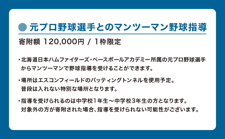 【1枠限定】元プロ野球選手によるマンツーマン野球指導【中学校1年生～3年生向け】