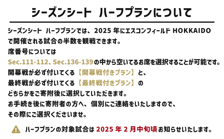 ＜【ハーフプラン】エスコンフィールドHOKKAIDO　2025シーズンシート内野FIELDLEVEL（1F）Sec.111～112、 Sec.136～139 ＞