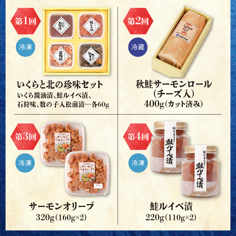 【定期便4回】佐藤水産 晩酌がすすむ！北海道おつまみ満足便（珍味・鮭・チーズ） | 肴 あて いくら 数の子 サーモン さけ オリーブ おつまみ 北海道 札幌市