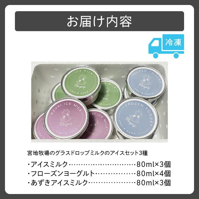 宮地牧場のグラスドロップミルクのアイスセット 3種 【 アイス デザート スイーツ 夏 アイスクリーム セット カップアイス ミルク ヨーグルト あずき お取り寄せ ギフト お中元 お歳暮 のし 熨斗 北海道 清水町 】
