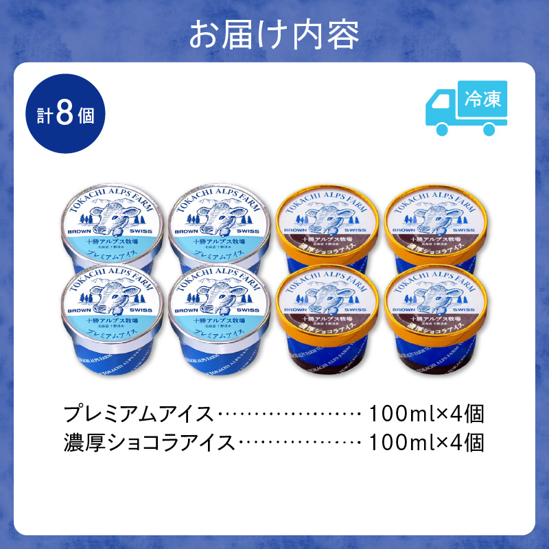 十勝アルプス牧場 プレミアムアイス＆濃厚ショコラアイス各4個セット！【希少なミルクで作られたプレミアムアイスをお届け！ 濃厚アイス アイスクリーム 北海道アイス チョコ チョコアイス アイスセット お取り寄せ ギフト お中元 お歳暮 のし 熨斗 北海道 清水町】