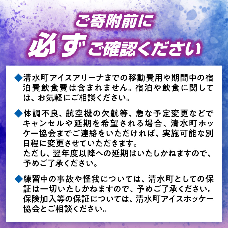 アイスホッケーの町清水 世界基準の育成環境 5日間合宿プラン【体験 アイスホッケー 体験チケット アイスホッケー体験チケット体験 清水 合宿 体験型 プラン 北海道 体験 十勝清水 体験】
