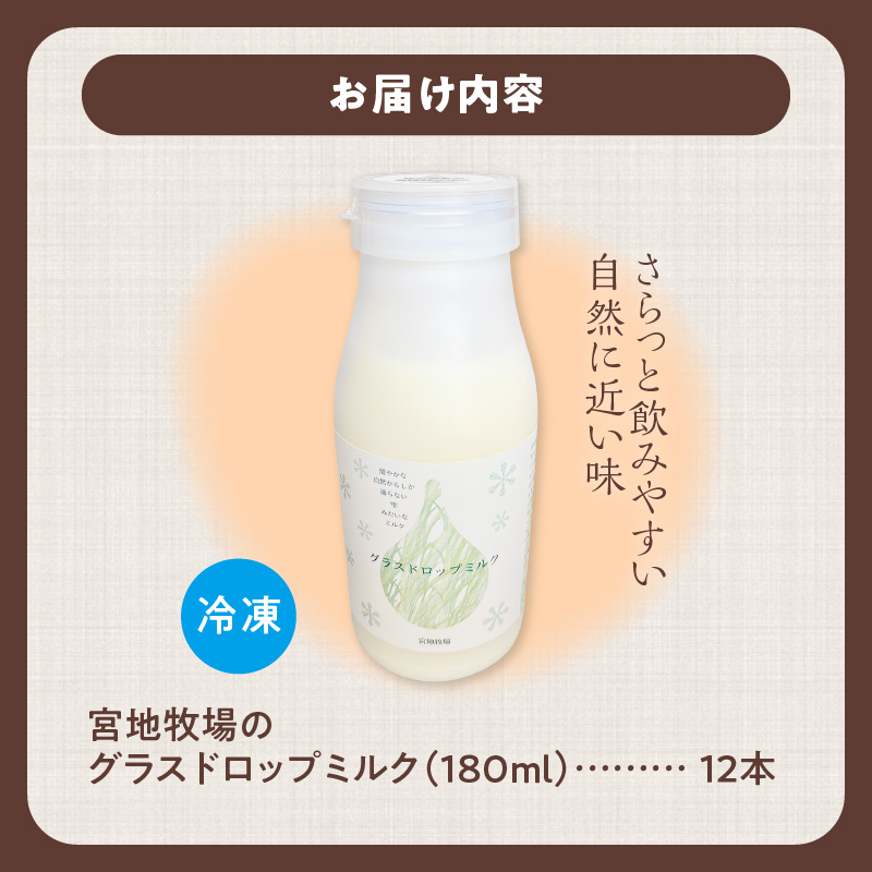 【数量限定】宮地牧場のグラスドロップミルク 180ml×12本【宮地牧場 グラスドロップミルク 牧草のみ 低温殺菌 ノンホモ牛乳 冷凍 牧草だけを食べて育った牛 生乳 飲みきりサイズ ストック 贈り物 お取り寄せ ギフト お中元 お歳暮 のし 熨斗 北海道 清水町】