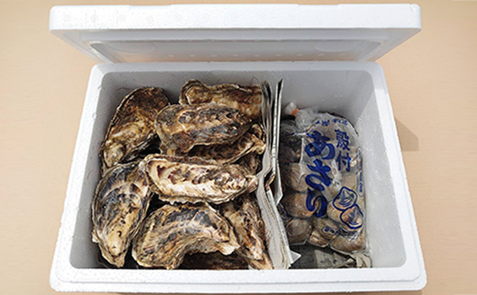 北海道厚岸産牡蠣「マルえもん」Lサイズ20個（生食用）とあさり1kg 海のミルク 国産 殻付き 酒蒸し 焼き牡蠣 食べ比べ セット