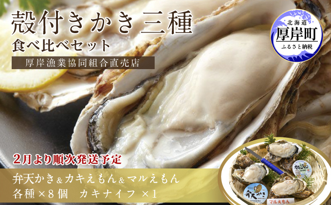 2026年2月発送 北海道 厚岸産 殻かき三種 食べ比べ セット 魚貝類 海鮮 海の幸 生牡蠣 生食用 オイスター 濃厚 弁天かき カキえもん マルえもん 