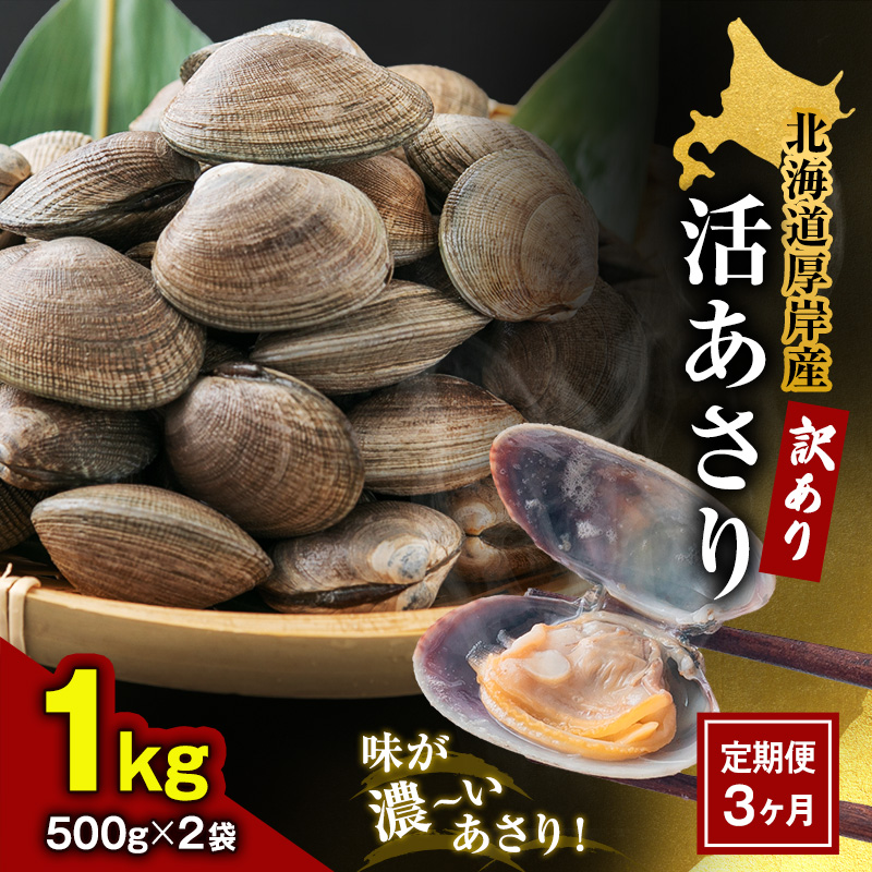3ヵ月 定期便 訳あり あさり 北海道 厚岸産 砂出し済み 活あさり 1kg(500g×2)【厚岸海産】[ アサリ 浅利 魚貝 海鮮 大粒 美味しい 栄養 旨み 砂出し 水洗い 冷蔵 便利 厚岸町 ]
