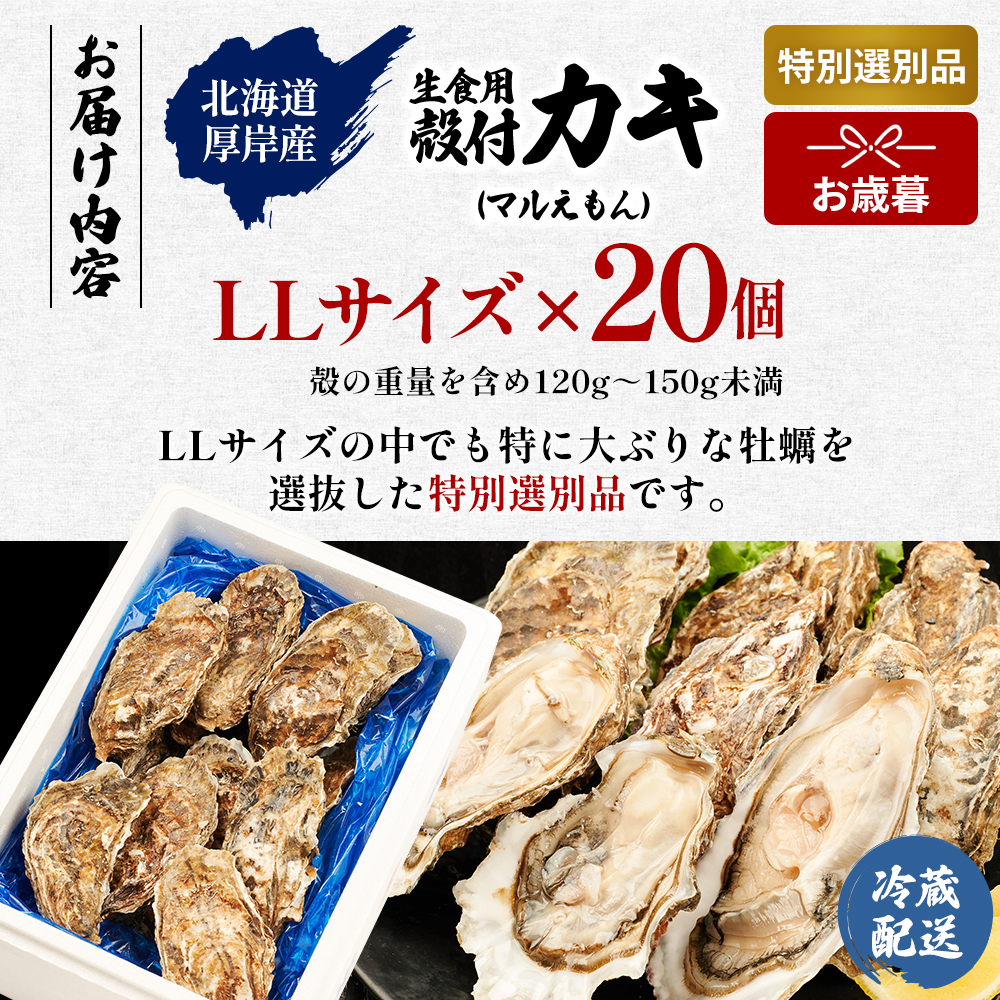 【お歳暮】北海道 厚岸産 ブランド牡蠣 マルえもん 殻付き 牡蠣 LLサイズ 20個 【光輝】 [ 魚貝類 生牡蠣 海鮮 海の幸 生食用牡蠣 生食用 生食用殻付き牡蠣 濃厚 甘み  オイスター ]  