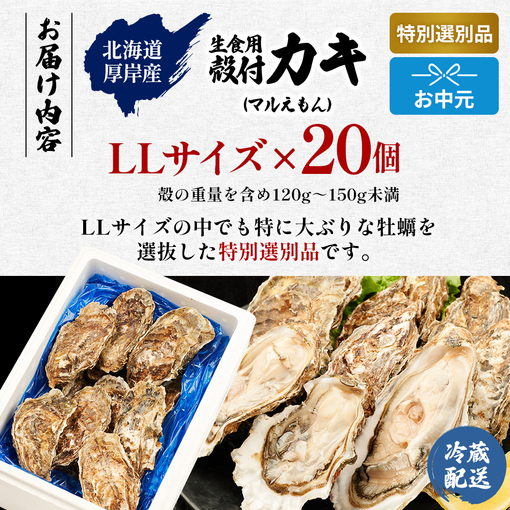 【お中元】北海道 厚岸産 ブランド牡蠣 マルえもん 殻付き 牡蠣 LLサイズ 20個 【光輝】 [ 魚貝類 生牡蠣 海鮮 海の幸 生食用牡蠣 生食用 生食用殻付き牡蠣 濃厚 甘み  オイスター ]  