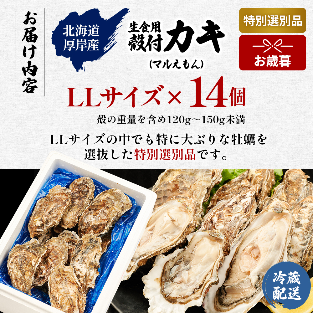 【お歳暮】北海道 厚岸産 ブランド牡蠣 マルえもん 殻付き 牡蠣 LLサイズ 14個 【光輝】 [ 魚貝類 生牡蠣 海鮮 海の幸 生食用牡蠣 生食用 生食用殻付き牡蠣 濃厚 甘み  オイスター ]  