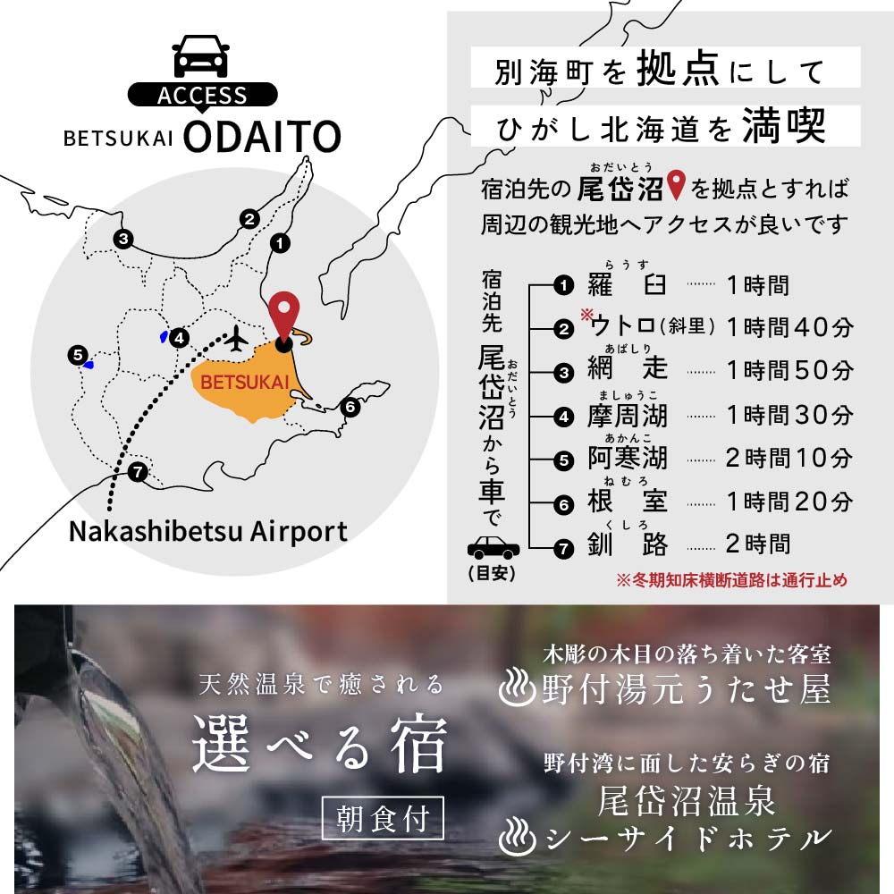 ひがし北海道 別海町の旅（羽田発着 ANA往復 航空券 + 別海町 宿泊 1泊 + レンタカー 北海道 旅行 旅行券 ホテル 旅館 宿泊券 ）
