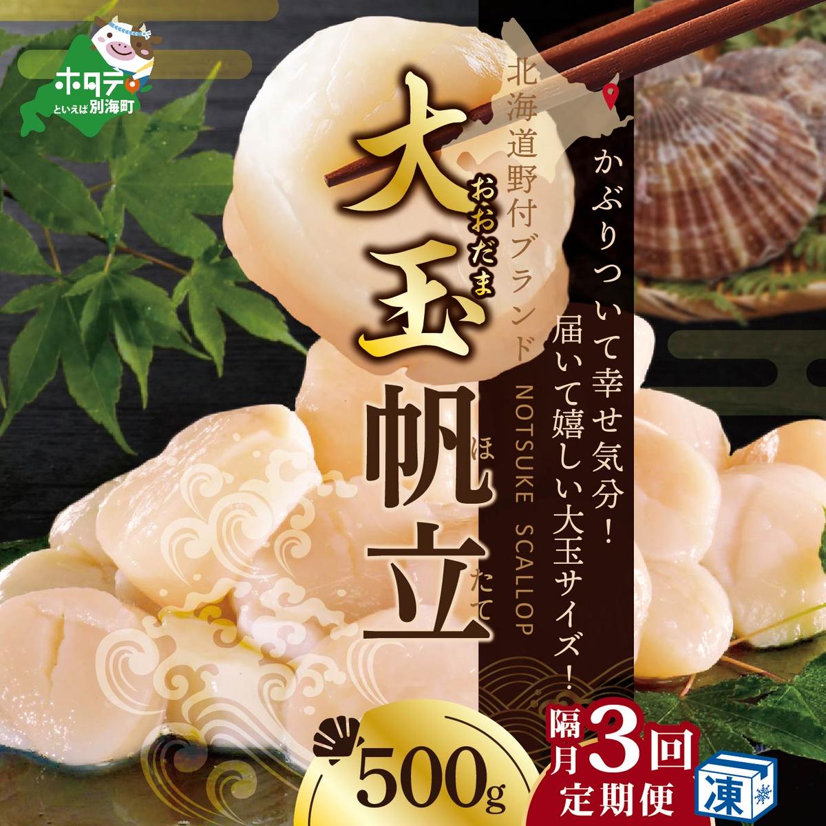 【隔月3ヶ月定期便】北海道 野付産 冷凍ホタテ 貝柱 大玉（Sサイズ）ホタテ500ｇ（ほたて ホタテ 帆立 ふるさと納税 お届け）