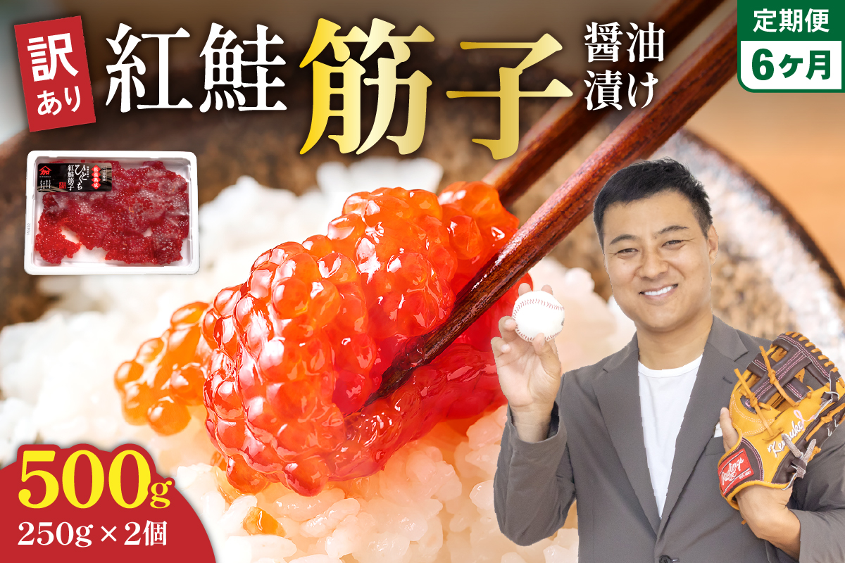 【6ヵ月定期便】訳あり 紅鮭筋子醤油漬 500g (250g×2個入）ひとくちカット 全6回　R002-031