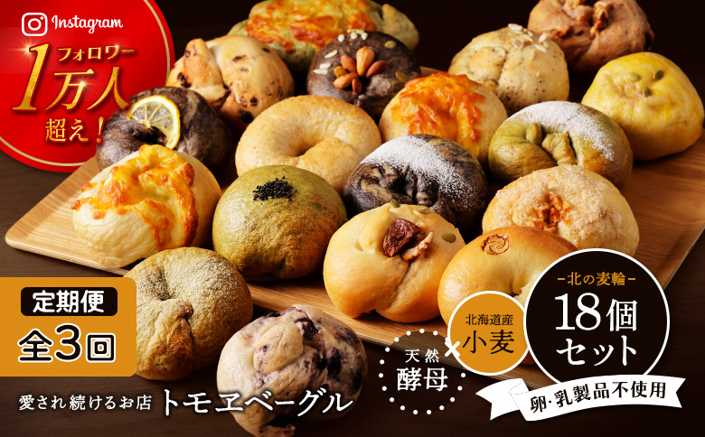 【定期便：全３回】トモヱベーグル ギフトセット「北の麦輪（むぎわ）１８個セット」【33000802】
