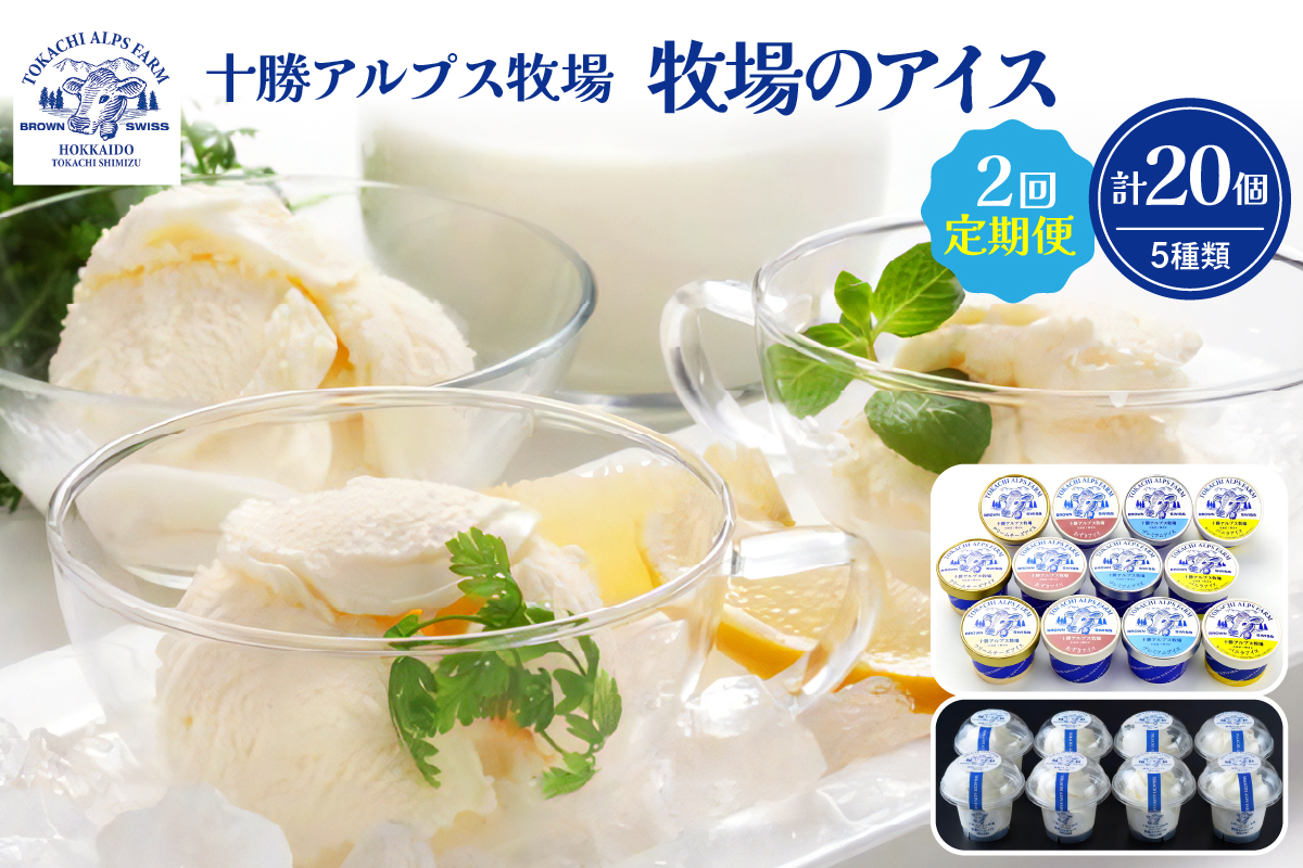 【2回定期便】 十勝 アルプス 牧場 牧場のアイス  合計20個 【 プレミアム 定期便  詰め合わせ クリームチーズ バニラ あずき スイーツ おやつ ブラウンスイス牛 後味さっぱり 贈り物 お取り寄せ 北海道 清水町  】