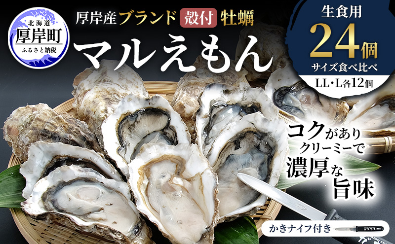 厚岸産 ブランド 殻付カキ マルえもん 生食用 サイズ食べ比べ 24個 (LL・L各12個)[ 魚貝類 生牡蠣 かき 牡蠣 カキ 生ガキ 食べ比べ ]