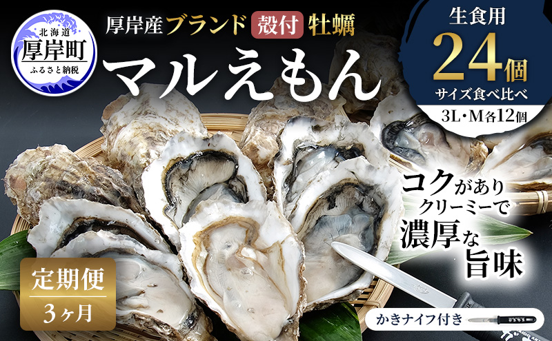 【 3ヵ月 定期便 】 厚岸産 ブランド 殻付カキ マルえもん 生食用 サイズ食べ比べ 24個 (3L・M各12個)[ 魚貝類 生牡蠣 かき 牡蠣 カキ 生ガキ 食べ比べ ]
