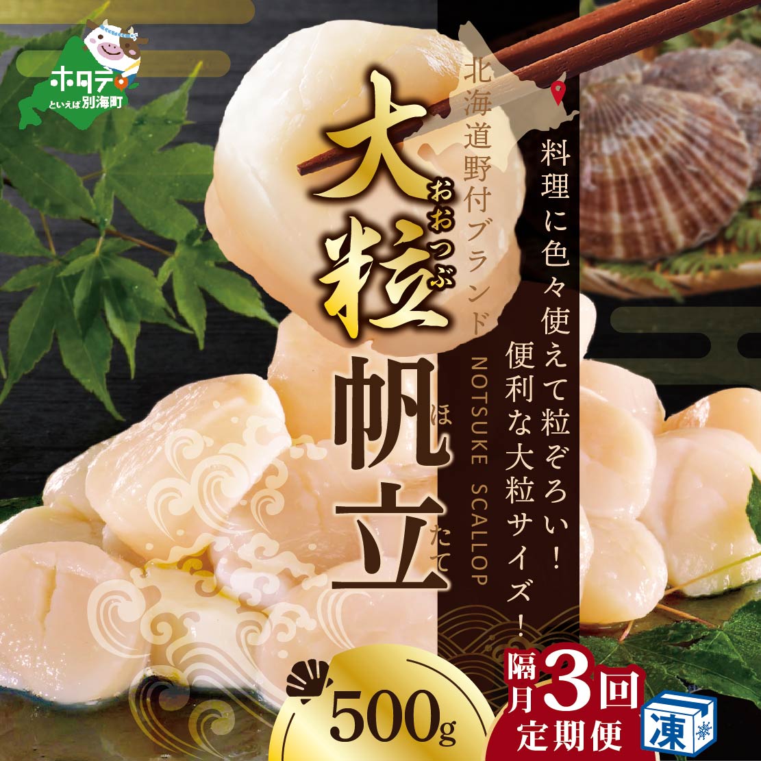 【隔月3回定期便】北海道 野付産 漁協直送 冷凍ホタテ 貝柱大粒（2Sサイズ）ホタテ500ｇ【NKB03ND01】