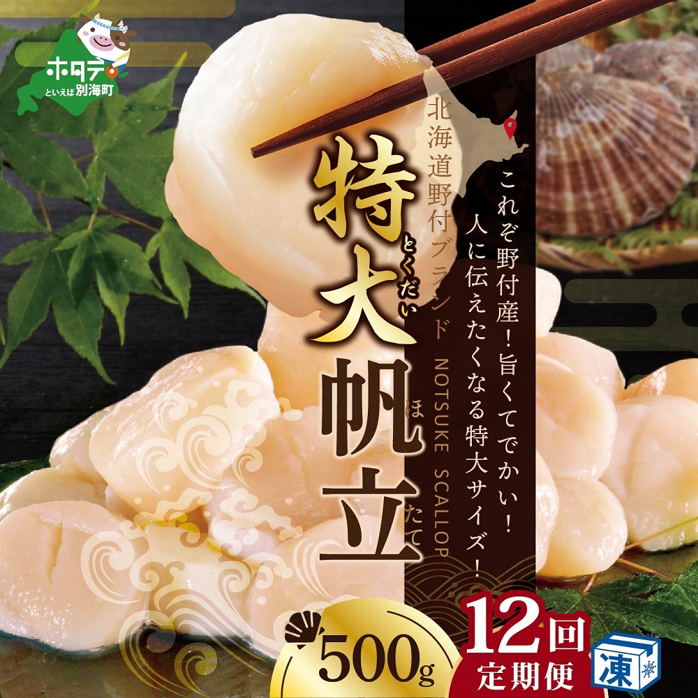 【毎月12ヶ月定期便】北海道 野付産 冷凍ホタテ 貝柱 特大（Mサイズ）ホタテ500ｇ（ほたて ホタテ 帆立 ふるさと納税 お届け）