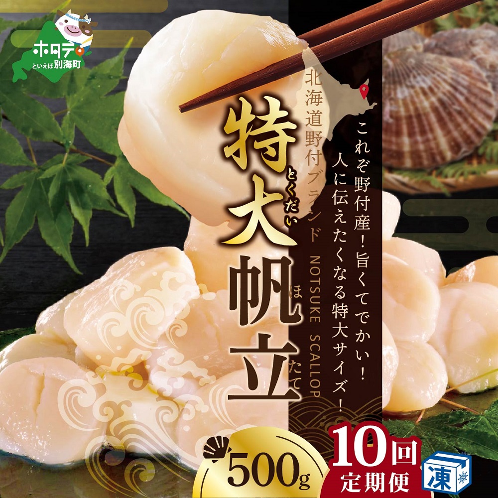 【毎月10ヶ月定期便】北海道 野付産 冷凍ホタテ 貝柱 特大（Mサイズ）ホタテ500ｇ（ほたて ホタテ 帆立 ふるさと納税 お届け）