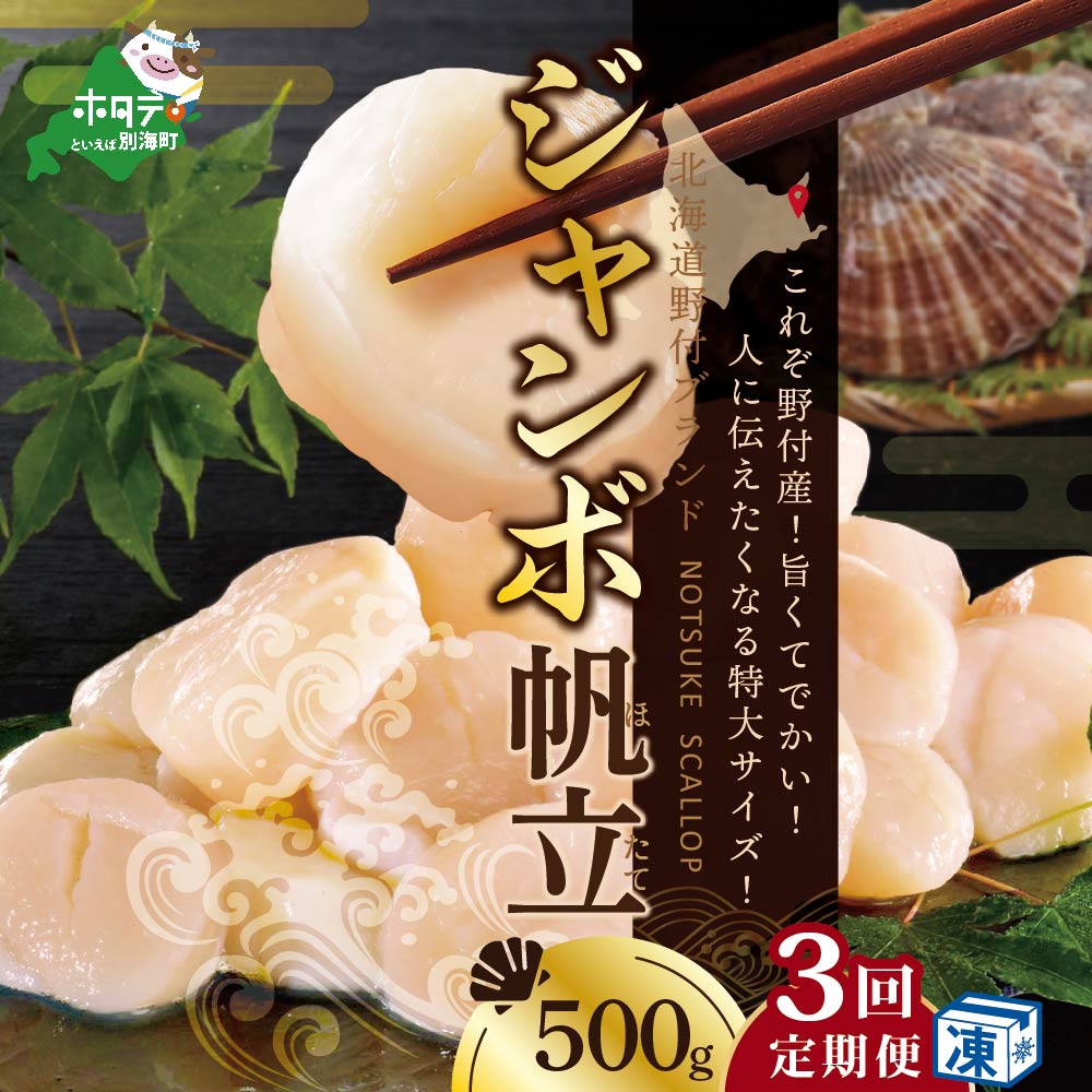【毎月3ヶ月定期便】北海道 野付産 漁協直送 冷凍 ホタテ 貝柱 ジャンボホタテ500g 濃厚な旨味と甘み （ほたて ホタテ 帆立 貝柱 ホタテ貝柱 大玉 大粒 北海道 別海 野付 ふるさと納税）